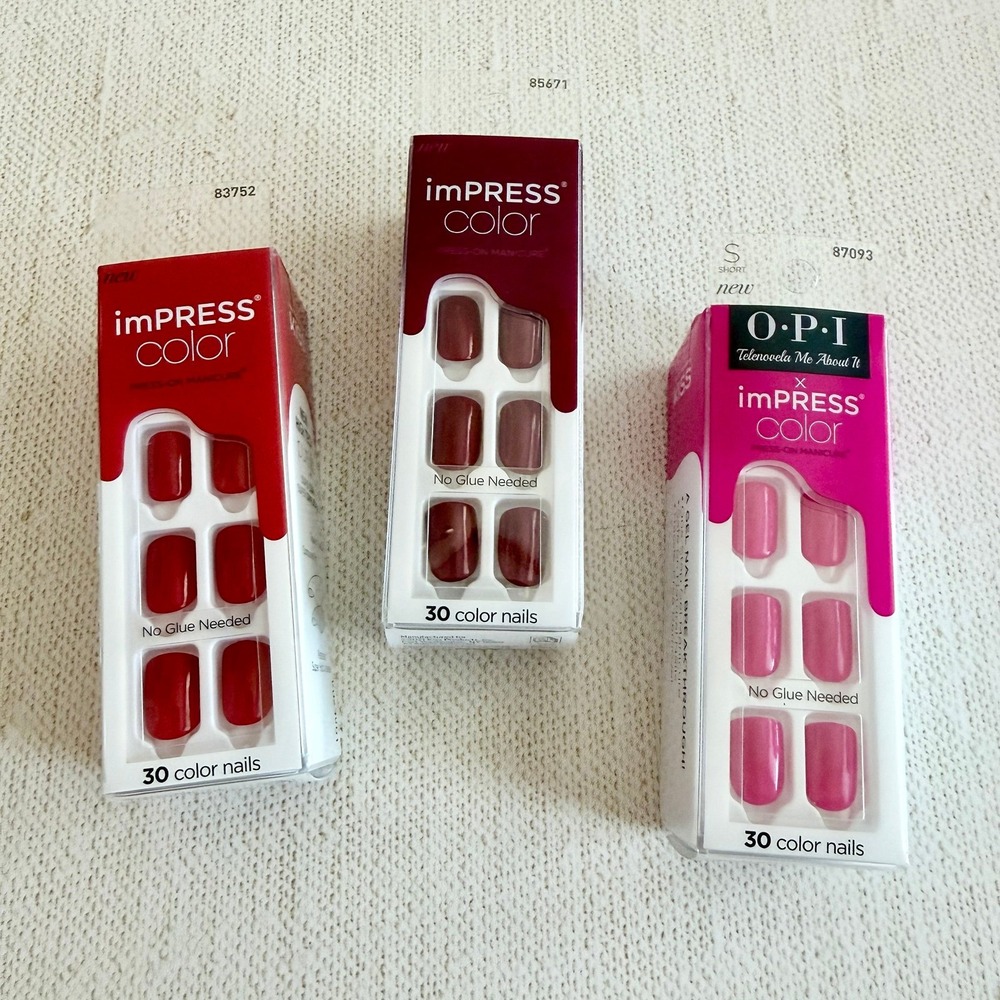 3 Sets KISS imPRESS Color Press-On Manicure Nails Kits Red Maroon Pink New NIP